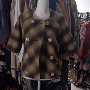 Willi Smith Green and Brown Striped 1/2 Sleeve Wool Blend  VINTAGE Jacket